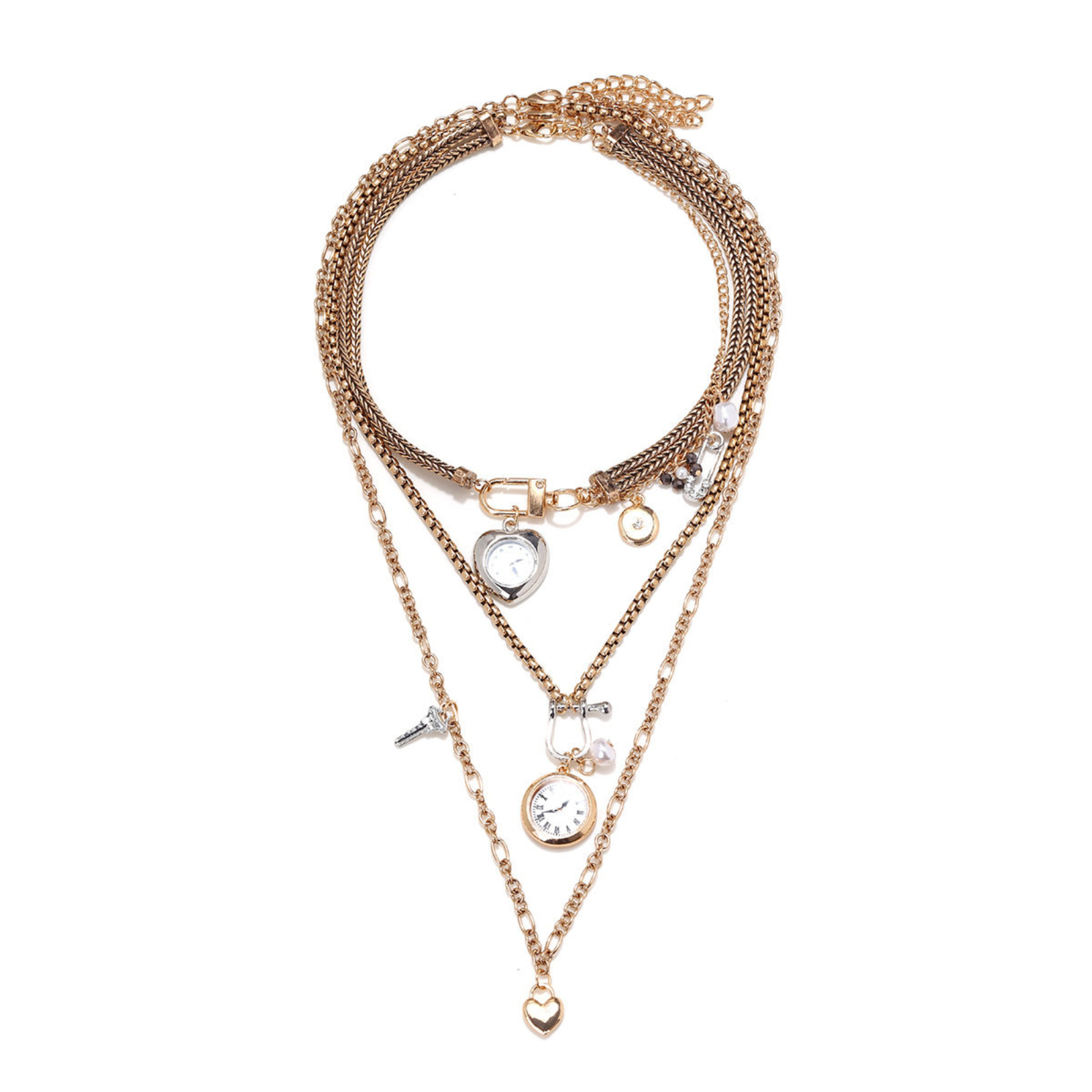 Mixed-Metal Watch-Dial Charm Layered Necklace