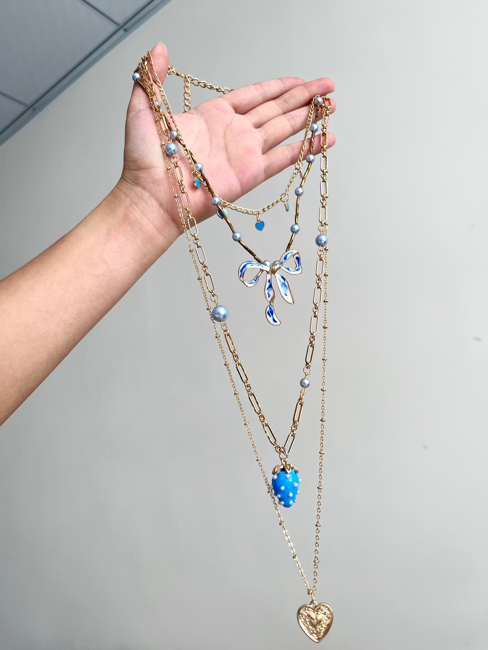 Blue Bow & Strawberry Charm Layered Necklace - Image 3
