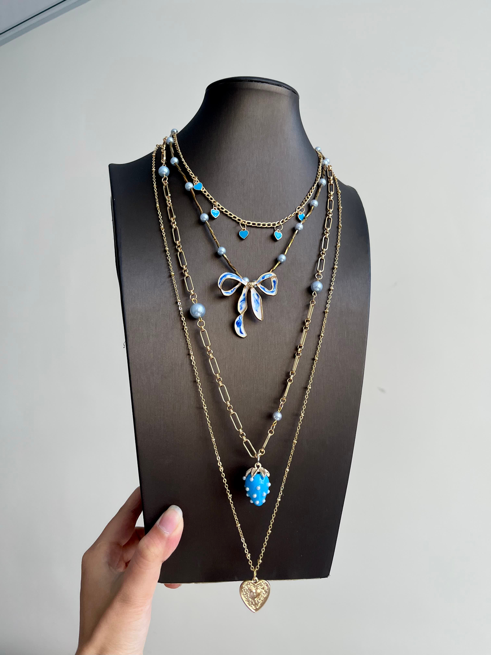 Blue Bow & Strawberry Charm Layered Necklace - Image 5