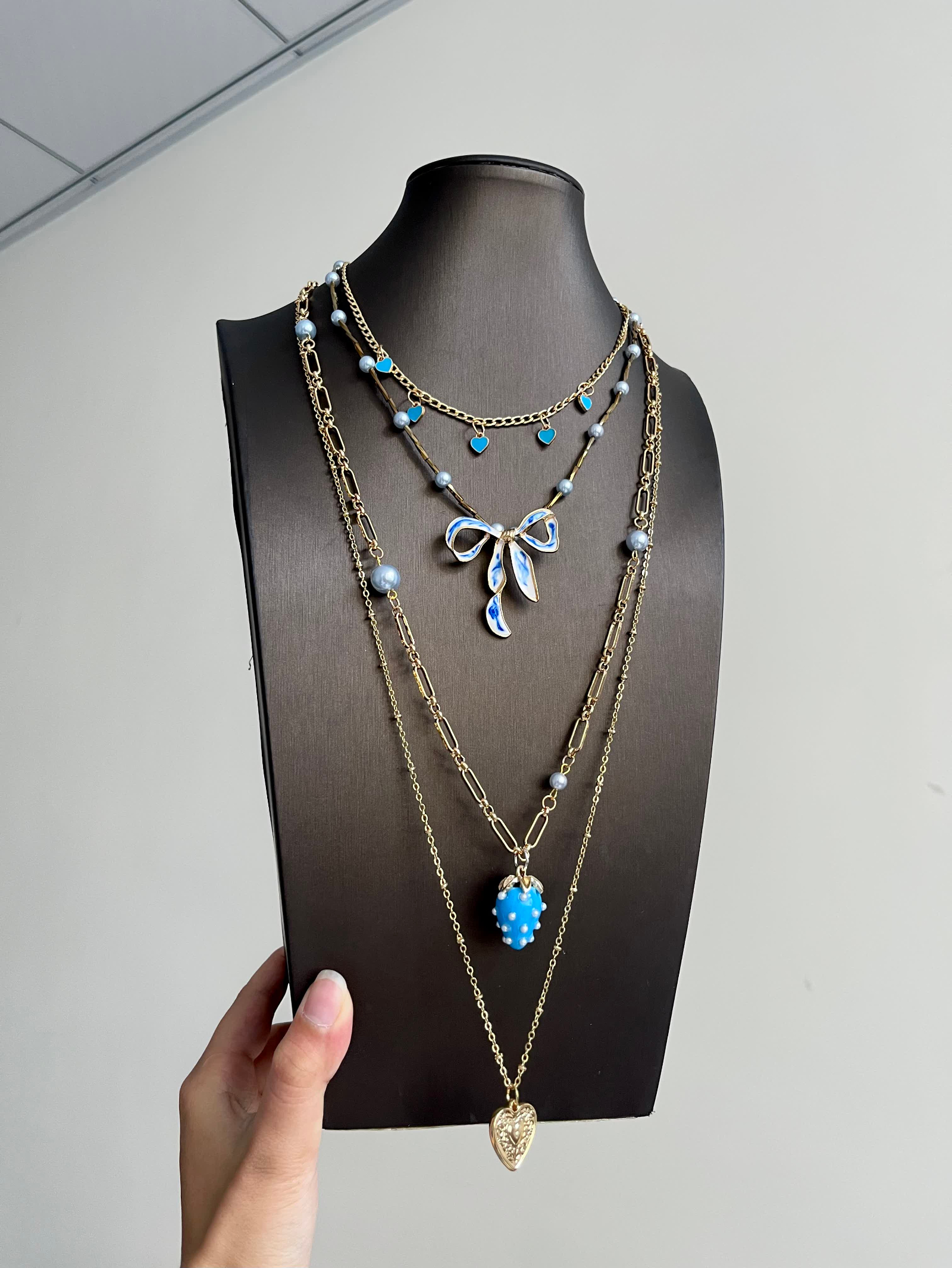 Blue Bow & Strawberry Charm Layered Necklace - Image 2