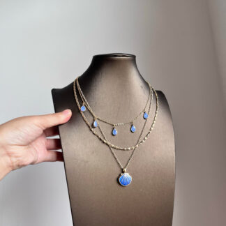 Vintage blue shell and drop tassel layered necklace